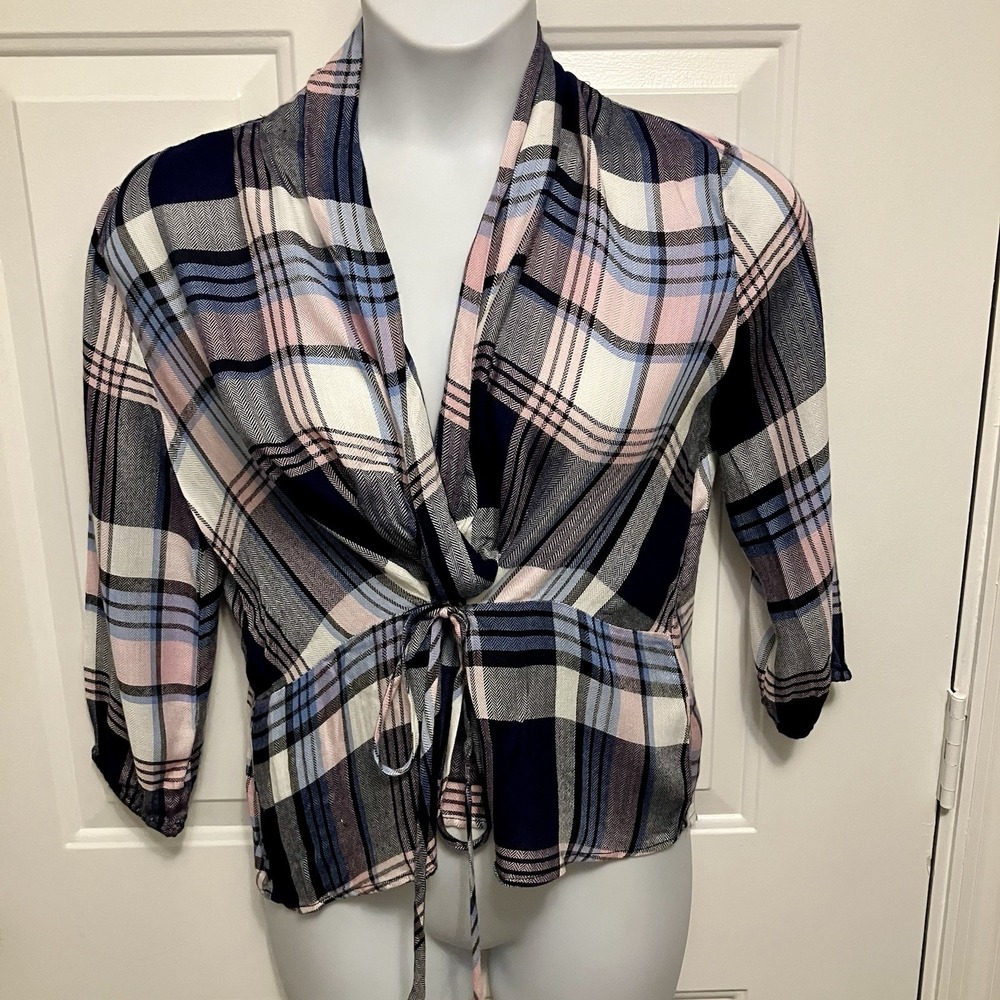 DESIGN LAB Plaid Tie Front Long Sleeve Shirt Women's M Medium Blue Pink Casual
